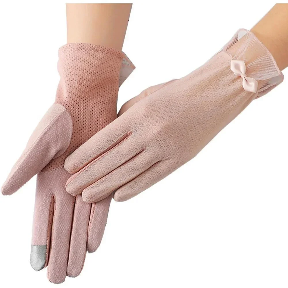 Women's Stylish Bow Short Lace Pink Gloves Fabric Design Summer Protection